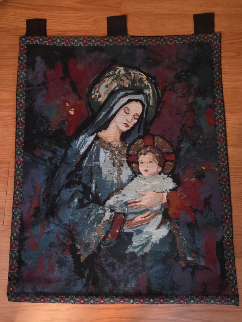 Tapestry Madonna Virgin Mother Mary And Child Woven Wall Hanging 26x32 EUC